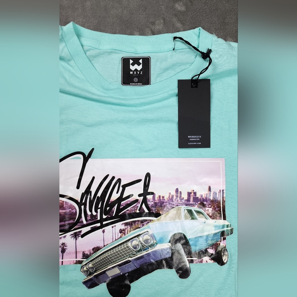 WXYZ X Savage car shirt. Turquiose Blue Green with light blue hot rod Cruiser T